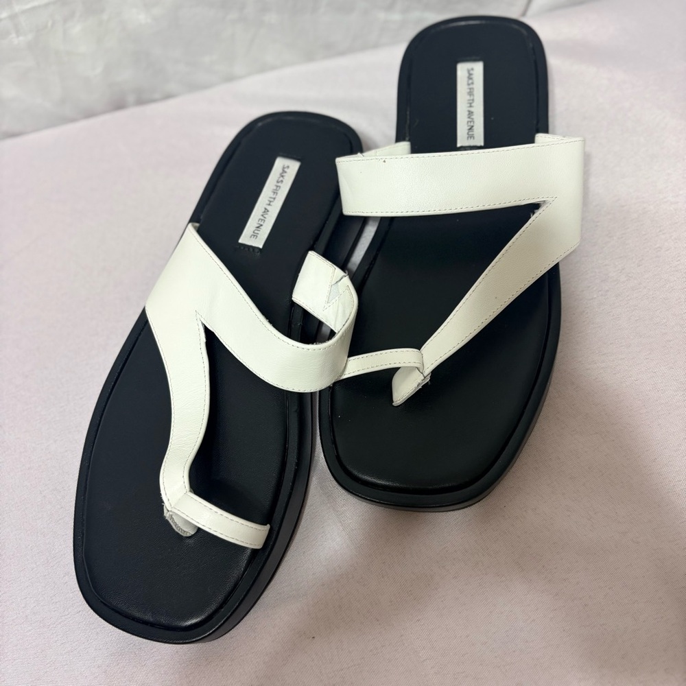 Saks Fifth Avenue round toe-strap platform leather sandals in black and white.
